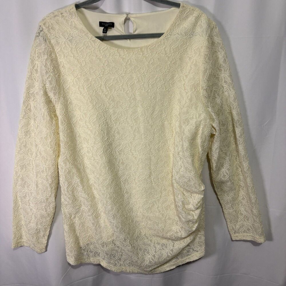 NWT‎ Talbots Cream Lace Blouse 2X Boat Neck Long Sleeve Shirred Waist Stretch